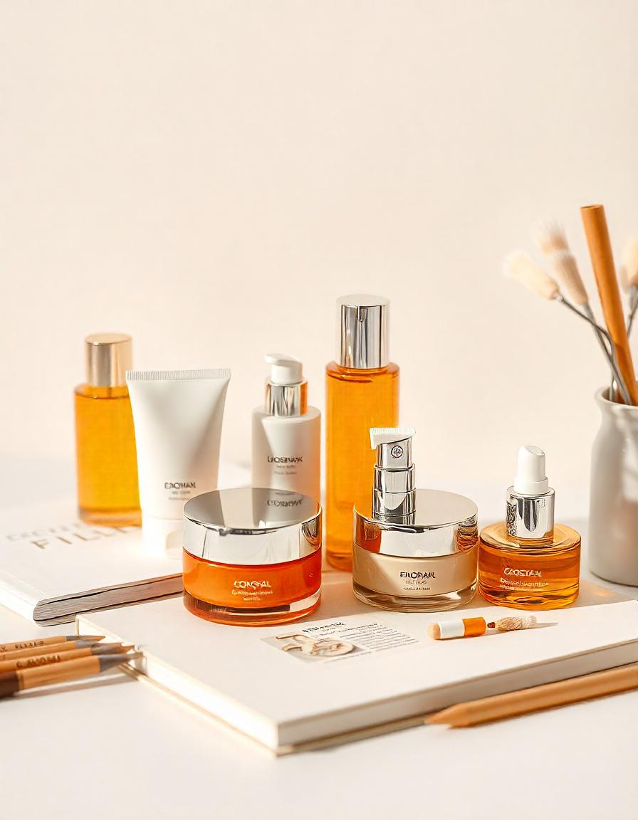 Representa el concepto de marketing en la industria cosmética. Incluye un conjunto de envases cosméticos, como frascos goteros, botes para cremas, tubos flexibles y frascos airless, dispuestos cuidadosamente sobre un escritorio minimalista. El entorno también incluye herramientas relacionadas con el diseño y marketing, como una libreta en blanco, muestras de colores y un sketchbook, todo en un fondo limpio y elegante. La iluminación es suave, con tonos neutros que transmiten una atmósfera profesional y creativa.
