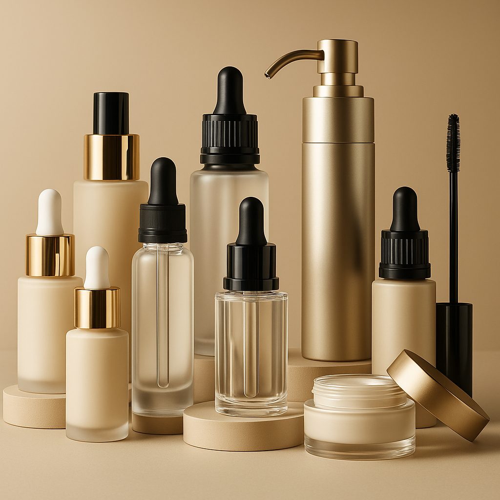 Envases cosméticos sostenibles e innovadores en tonos neutros representando tendencias de packaging para 2025