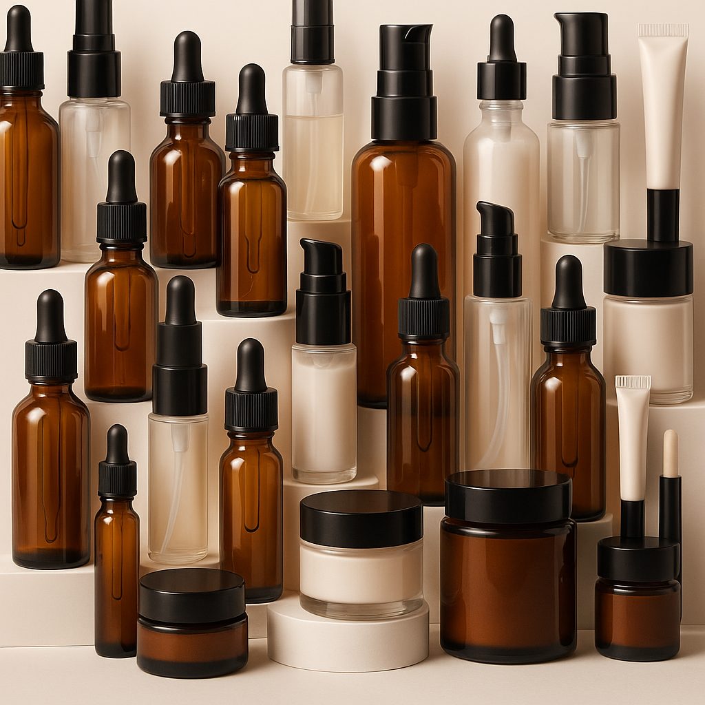 Envases cosméticos de vidrio ámbar con tarros y dispensadores para cremas y sérums sobre fondo neutro