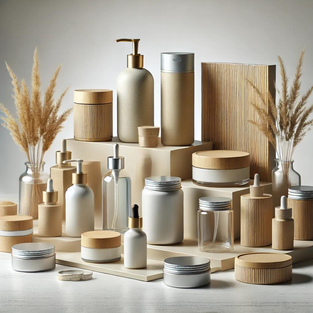 Una exhibición moderna de envases cosméticos sostenibles en una mesa minimalista, con frascos de vidrio, tapas de bambú y envases de aluminio reciclado, ideales para laboratorios y marcas cosméticas que buscan soluciones ecológicas