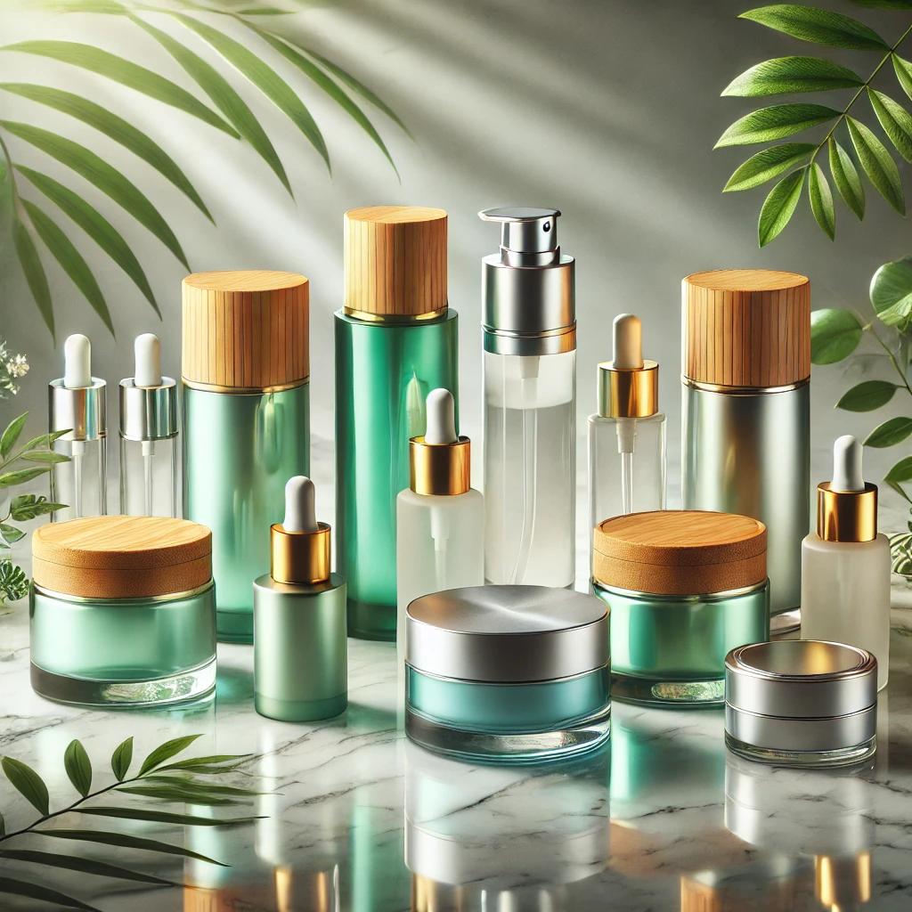 Exhibición de envases cosméticos ecológicos, con frascos de vidrio y tapas de bambú, envases de aluminio reciclable y botellas airless sostenibles, presentados sobre mármol con hojas verdes, ideal para marcas comprometidas con la sostenibilidad y el diseño elegante