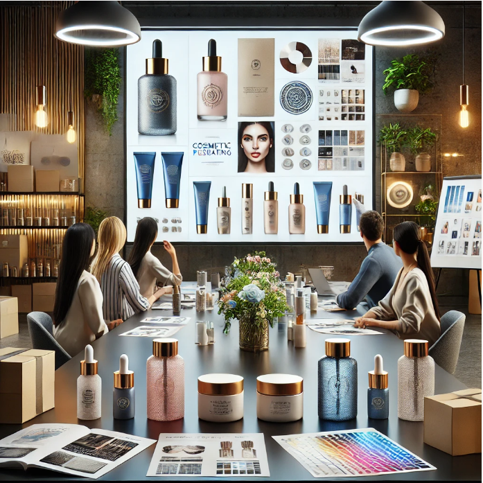 Reunión de diseño en un estudio de branding cosmético, con diseñadores trabajando alrededor de una mesa llena de muestras de envases de lujo, como frascos y tarros. Al fondo, una pantalla muestra conceptos de diseño y prototipos gráficos. La escena refleja un entorno profesional y creativo.