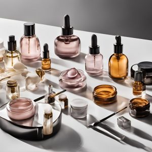 Una mesa con una variedad de envases cosméticos de vidrio. Cada uno con diseño moderno y elegante. Los envases están organizados con cuidado, destacando la alta calidad y los materiales.