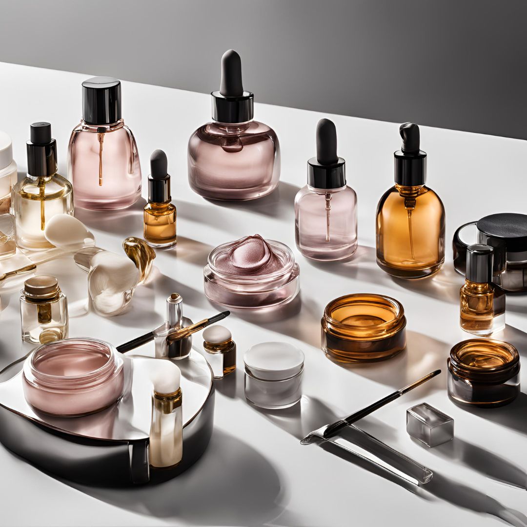 Una mesa con una variedad de envases cosméticos de vidrio. Cada uno con diseño moderno y elegante. Los envases están organizados con cuidado, destacando la alta calidad y los materiales.