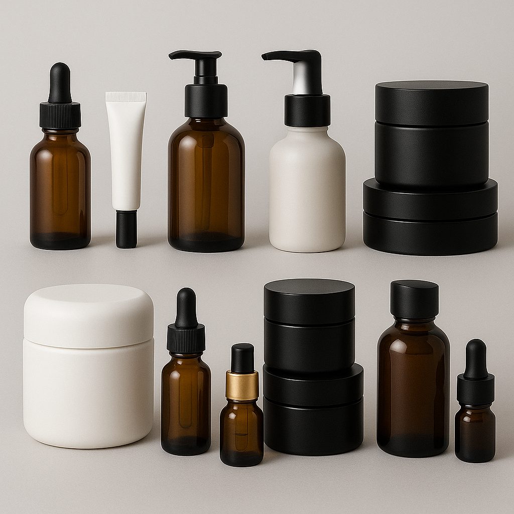 Colección de envases cosméticos realistas con tarros, frascos airless, tubos y cuentagotas en tonos neutros sobre fondo gris