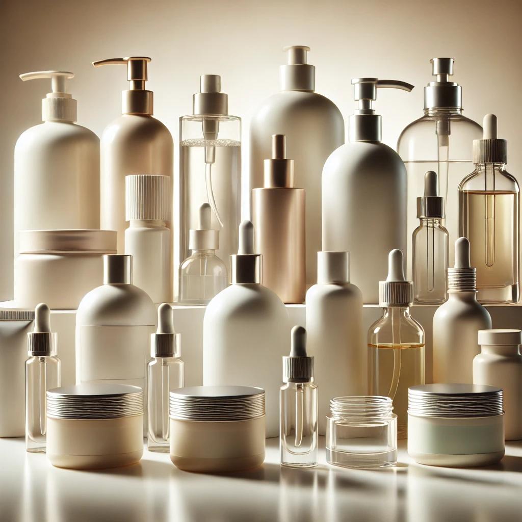 Diversos envases cosméticos sobre una superficie blanca, incluyendo botellas airless, cuentagotas, frascos de crema, botellas de perfume y tubos, con materiales elegantes y sostenibles.