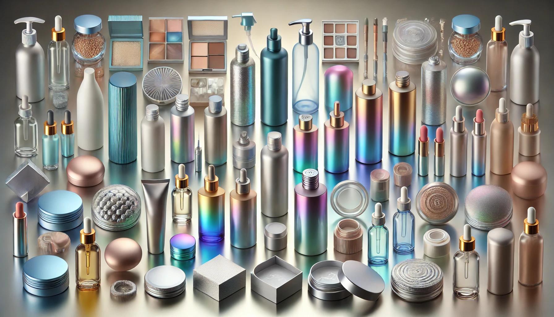 Representación de opciones de personalización de envases cosméticos: materiales como vidrio, plástico, aluminio y bioplásticos; colores vibrantes, gradientes, acabados perlados y holográficos; grabados y diseños exclusivos; etiquetas únicas y cierres ergonómicos, destacando un diseño moderno y profesional.