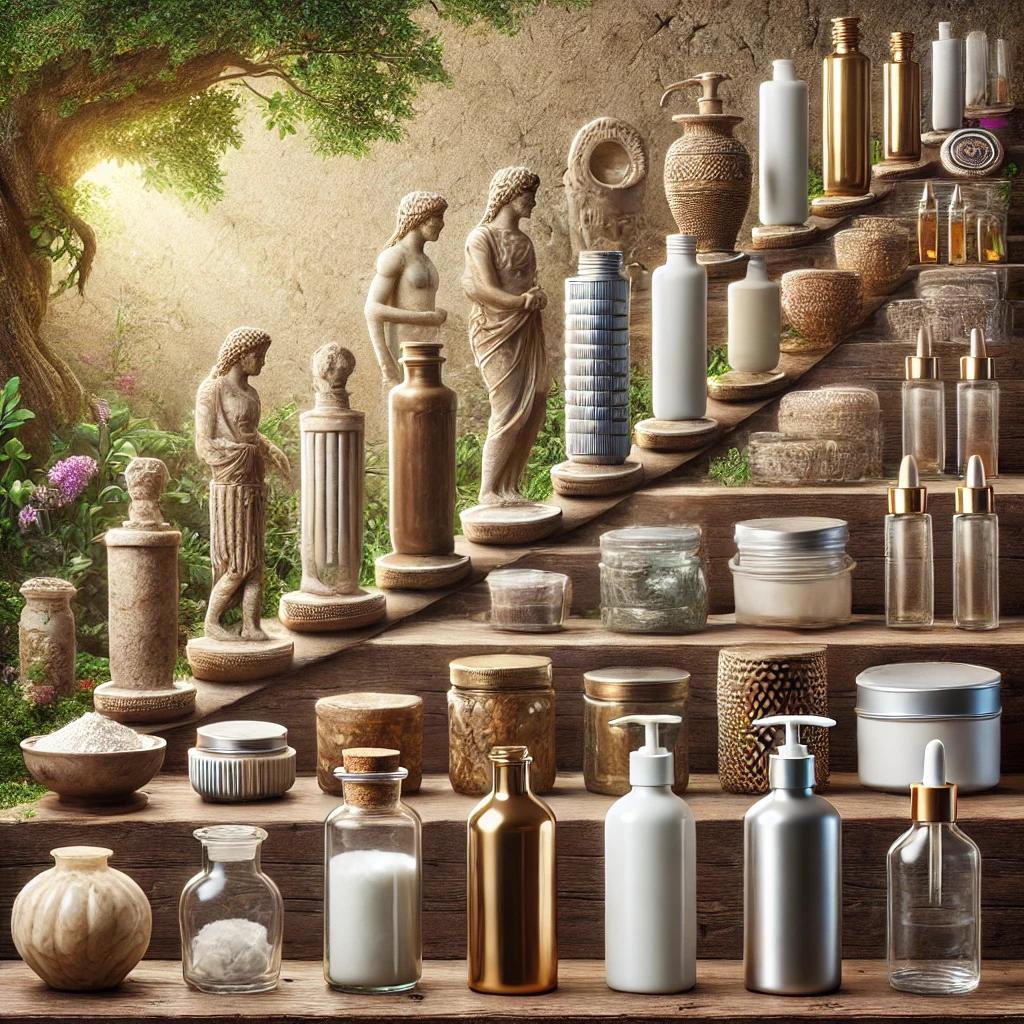 Representación de la evolución de los envases cosméticos, mostrando recipientes antiguos de alabastro, vidrio y cerámica junto a envases modernos sostenibles como frascos de vidrio reciclado y recipientes biodegradables en un diseño de transición temporal