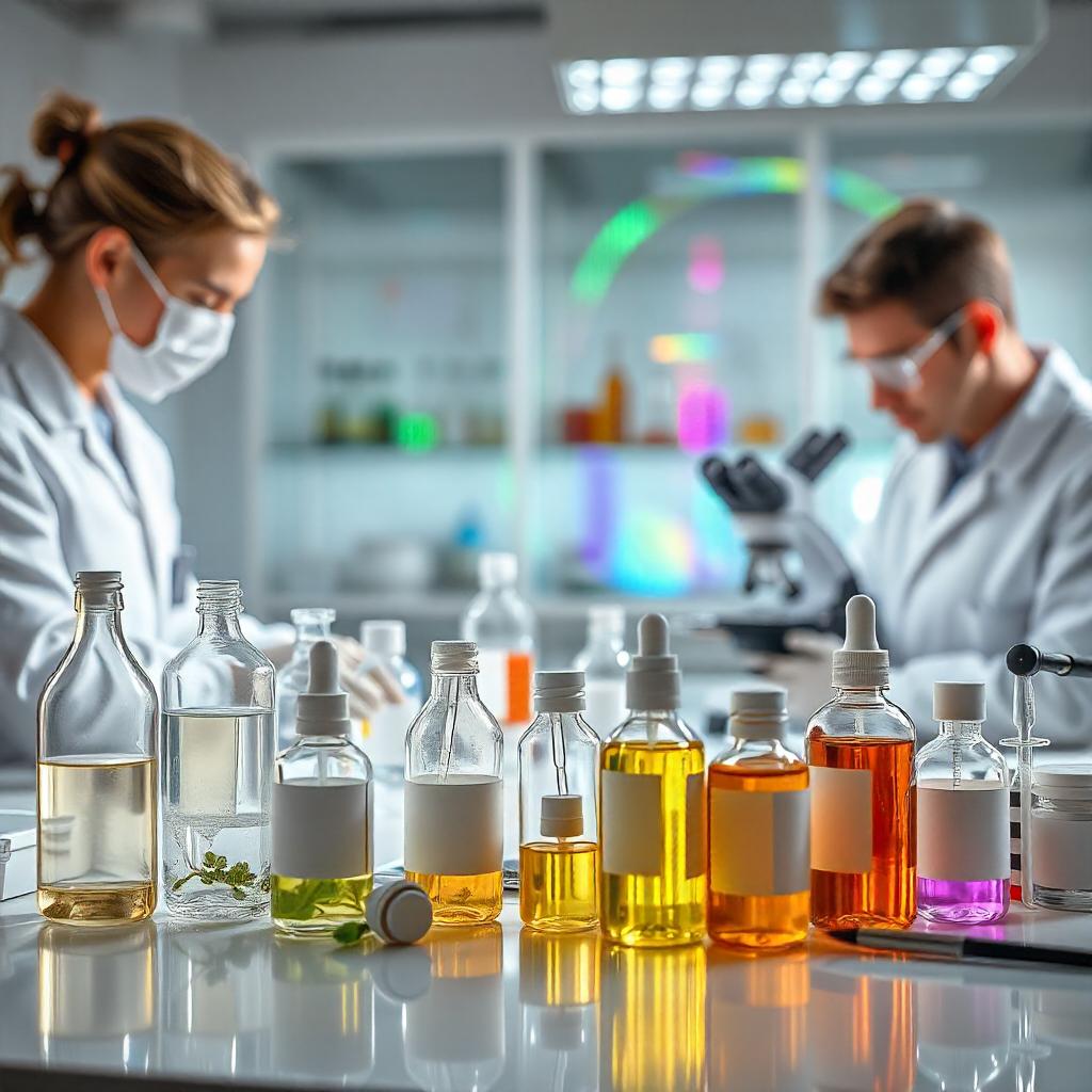 Dos científicos en un laboratorio cosmético moderno trabajando con microscopios y muestras líquidas de colores variados. En primer plano, una mesa limpia con frascos de vidrio transparentes etiquetados, que contienen líquidos de tonos vibrantes, representando ingredientes y formulaciones innovadoras.