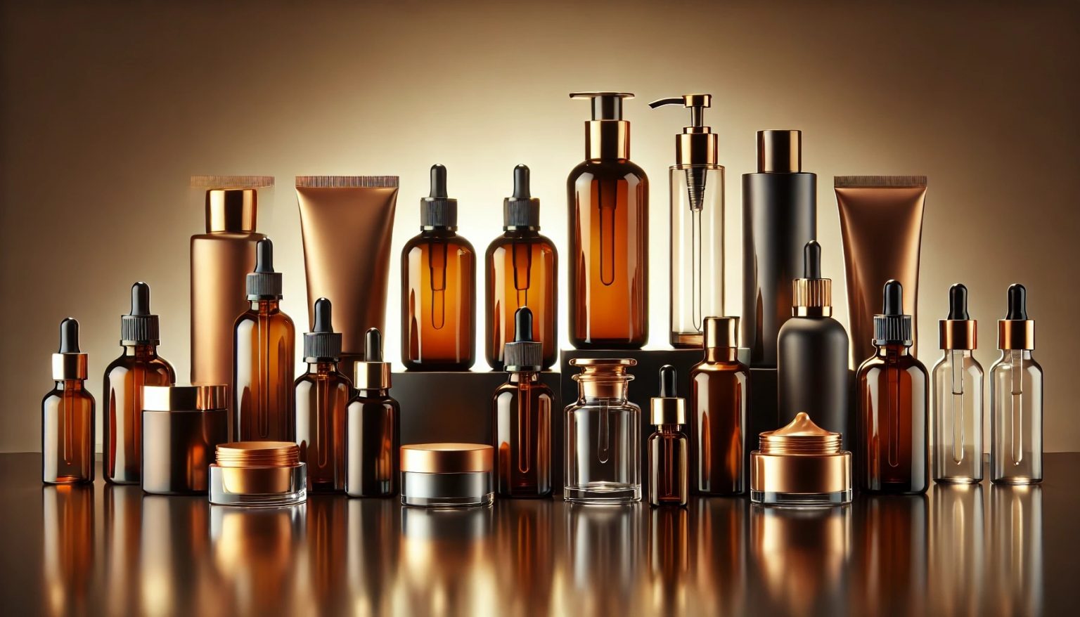Envases premium para nutricosmética en vidrio ámbar, tarros y tubos modernos sobre fondo luminoso