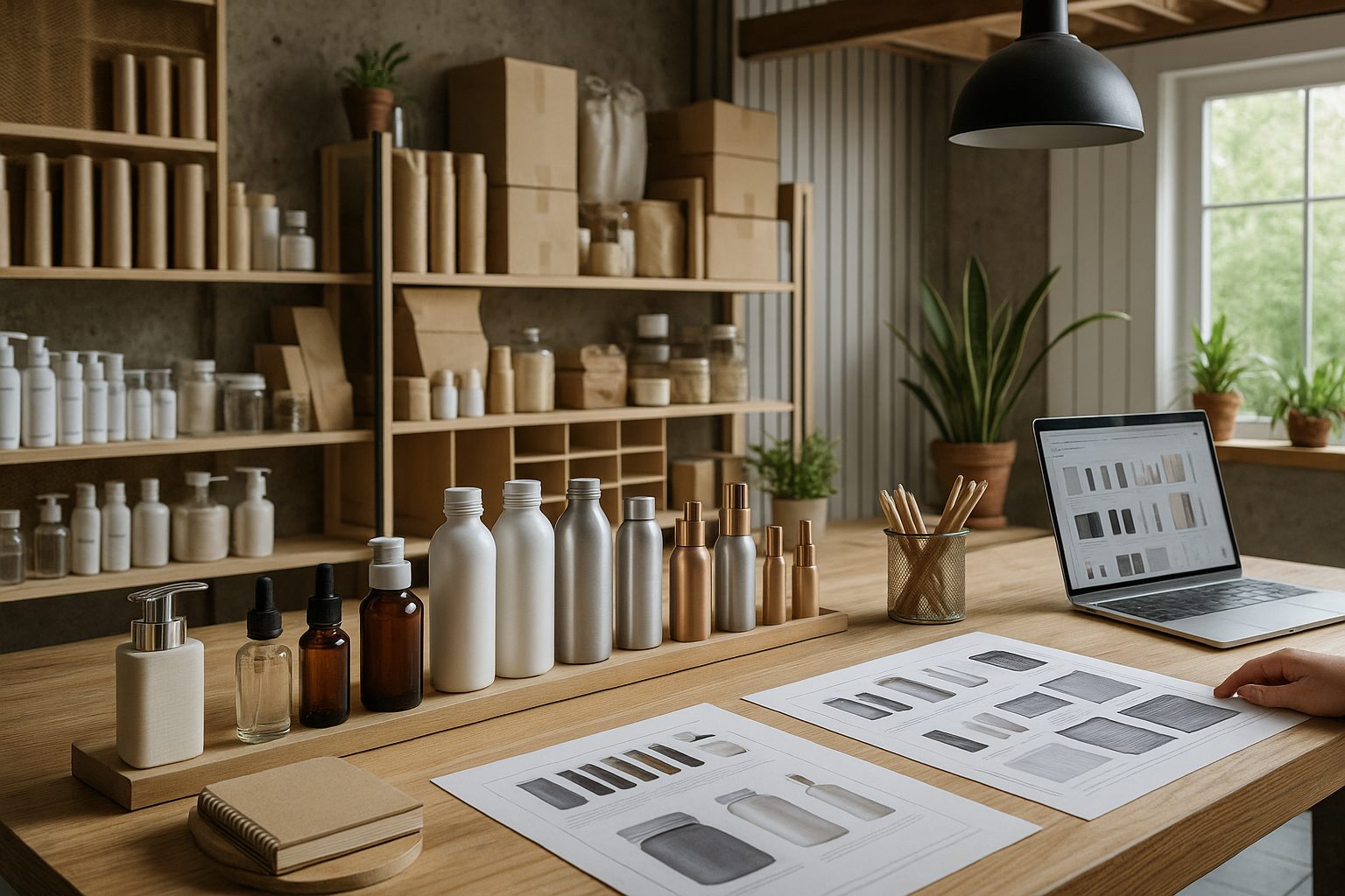 Estudio profesional con envases cosméticos sostenibles de vidrio, aluminio y bioplásticos sobre mesa de trabajo