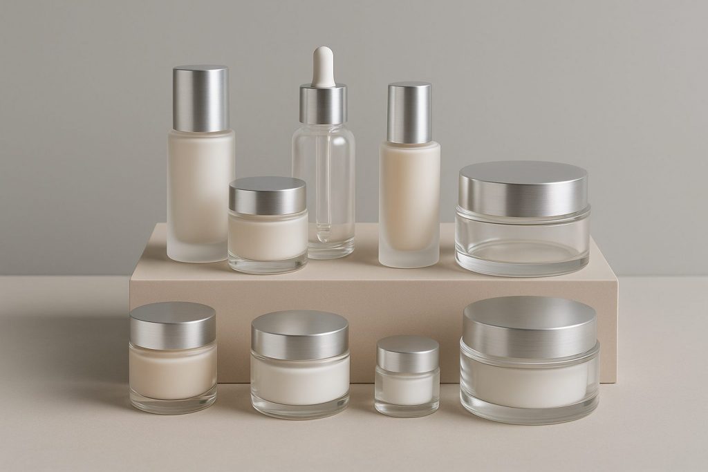 Envases cosméticos elegantes de vidrio y airless sobre fondo nude con iluminación natural suave