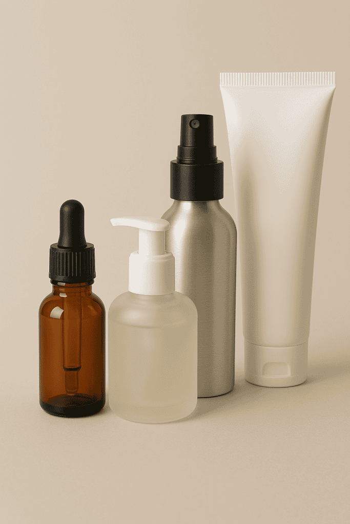 Envases cosméticos sostenibles: cuentagotas ámbar, dispensador esmerilado, spray aluminio y tubo blanco sobre fondo beige.