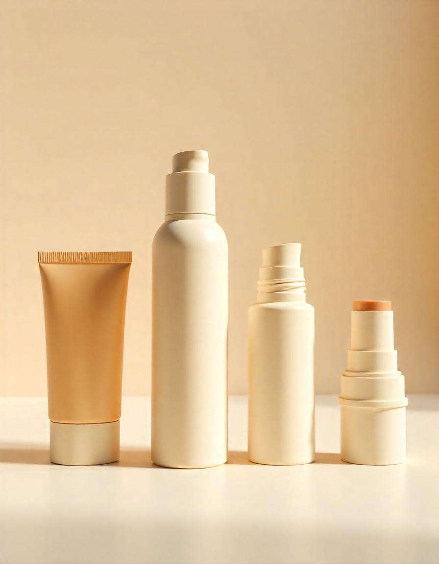 Cuatro envases cosméticos en tonos beige y dorado sobre un fondo cálido. De izquierda a derecha: un tubo flexible en tono dorado, un frasco cilíndrico con bomba, un frasco compacto con dispensador y un envase tipo stick retráctil. Iluminación cálida que resalta los detalles de los materiales y formas.