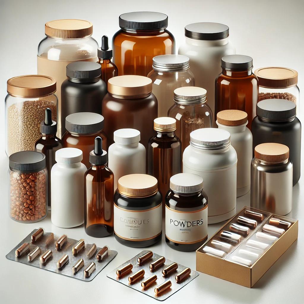 Variedad de envases para nutricosmética en fondo blanco, con tarros de vidrio oscuro, frascos de plástico, y botes para cápsulas, diseñados para proteger ingredientes activos y ofrecer una presentación premium.