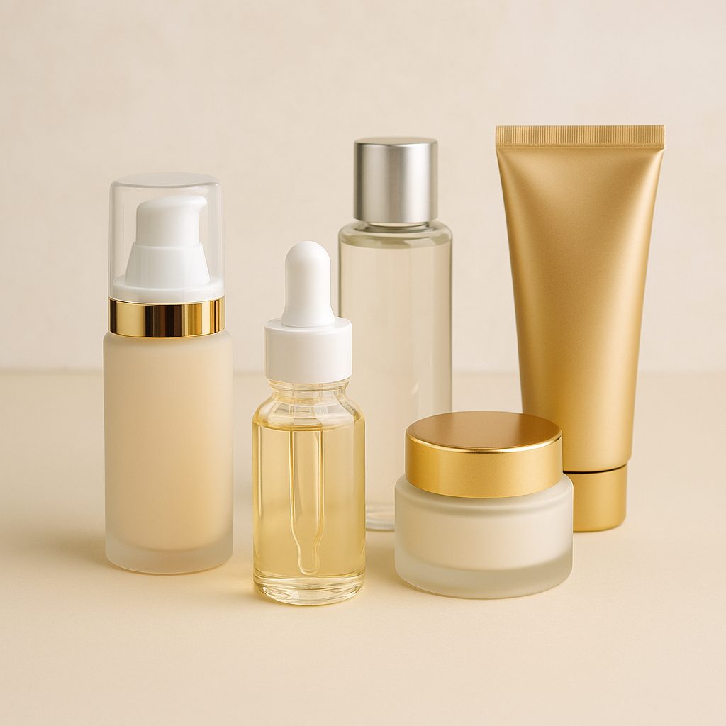 Fotografía realista de envases cosméticos de lujo sobre fondo blanco con textura de mármol, incluyendo frascos airless, tarros de vidrio, tubos metálicos y cuentagotas en tonos neutros con detalles dorados y luz suave.