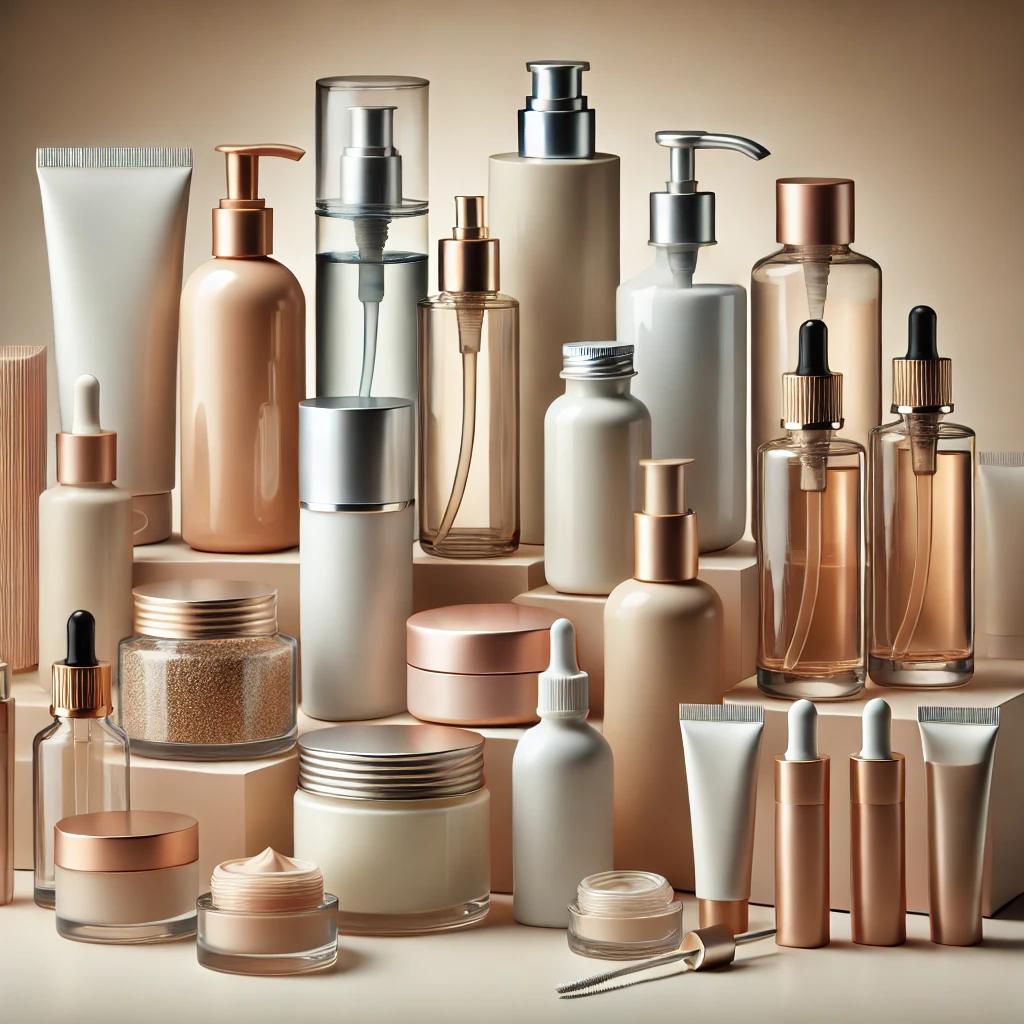 Envases cosméticos modernos: frascos de vidrio, botellas de plástico, tubos y dispensadores airless en diseño minimalista.