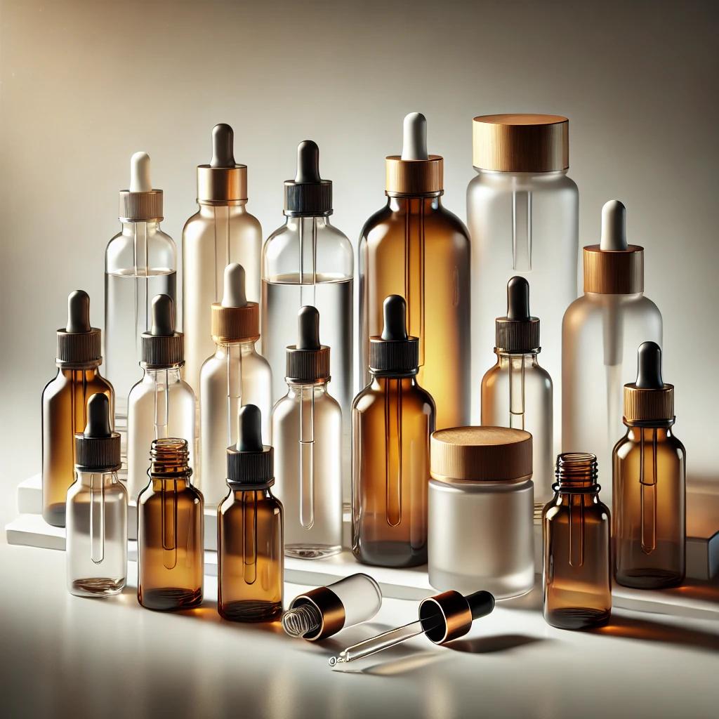 Envases cuentagotas de diferentes materiales, como vidrio transparente y ámbar, con tapones de diseño premium, dispuestos sobre una superficie elegante y minimalista, resaltados por una iluminación suave y profesional.