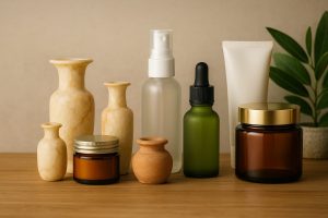 Evolución de los envases cosméticos, desde frascos antiguos hasta diseños modernos sostenibles.