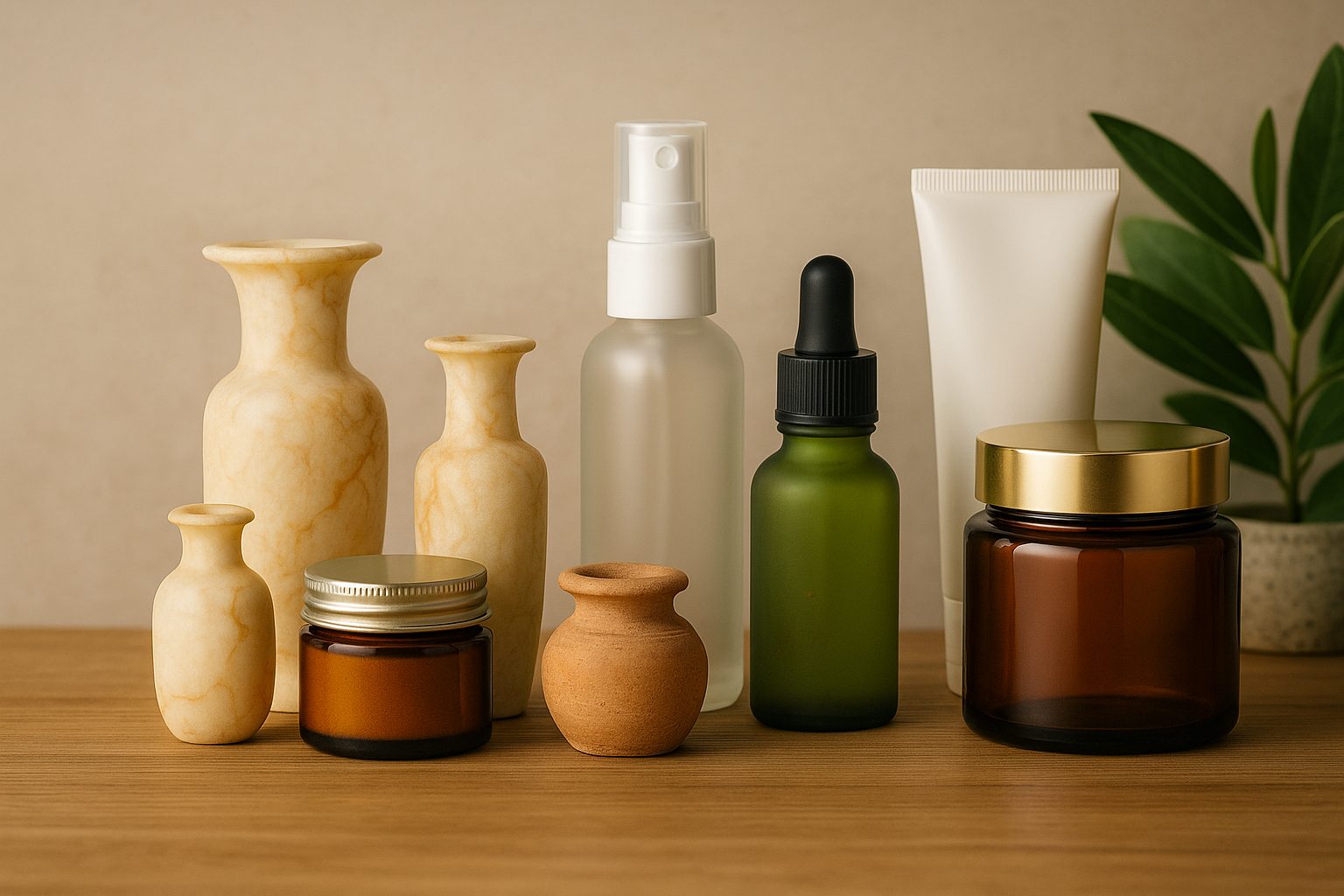 Evolución de los envases cosméticos, desde frascos antiguos hasta diseños modernos sostenibles.