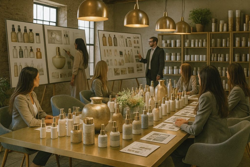 Equipo creativo evaluando diseños y envases cosméticos en una reunión profesional de branding y packaging.