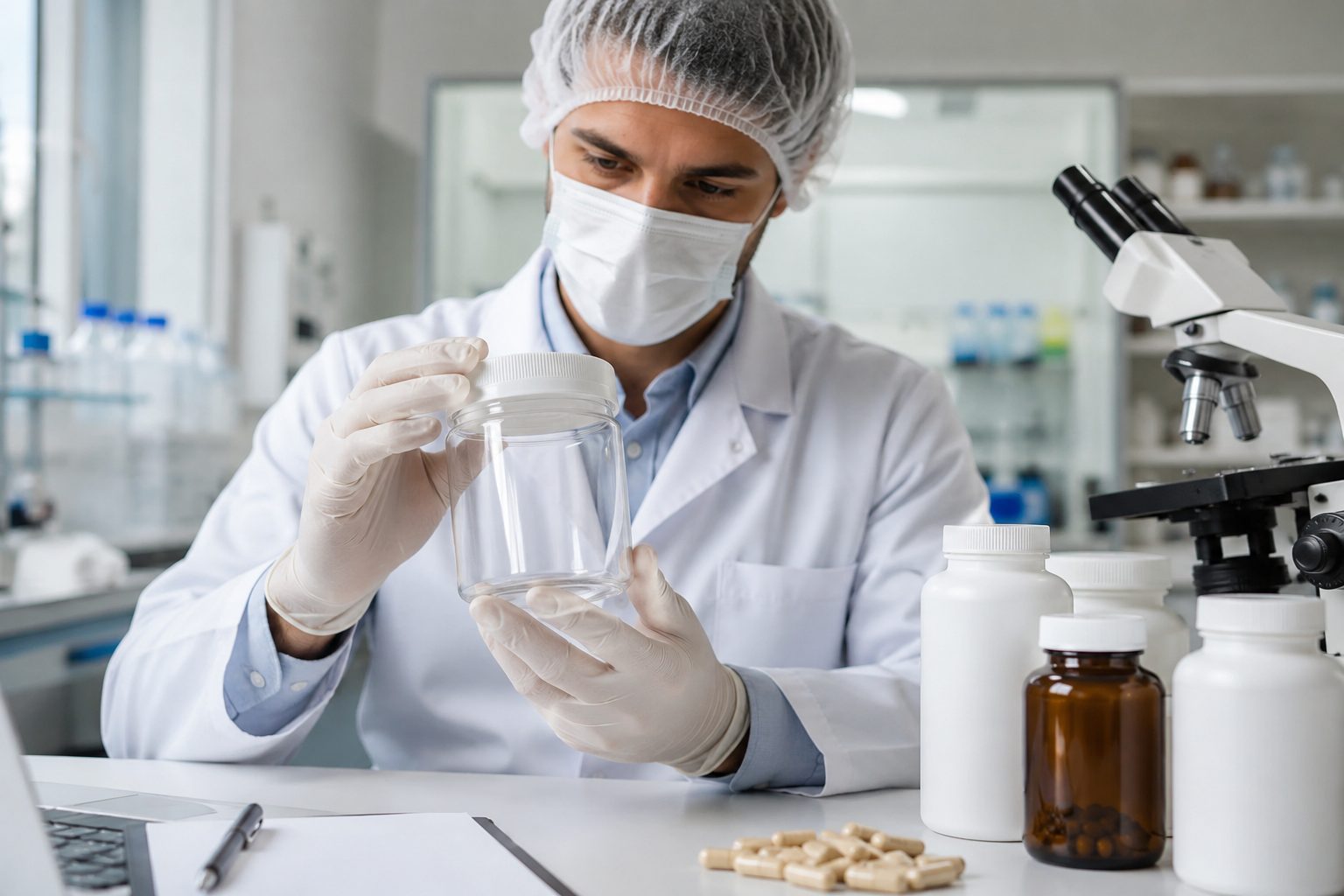 Control de calidad de envases cosméticos en laboratorio con técnico especializado.