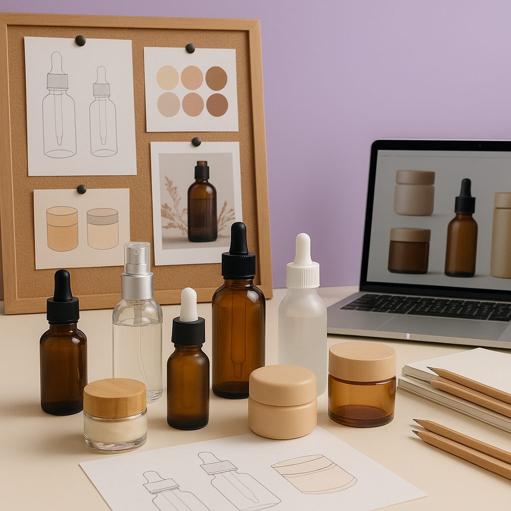 Espacio de trabajo premium con envases cosméticos variados, materiales sostenibles y diseño innovador de packaging en tonos lila, representando la experiencia y creatividad de Bull Estética.