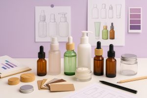 Espacio de trabajo cosmético con frascos, tarros y cuentagotas de vidrio y plástico sobre fondo lila, representando diseño e innovación en envases sostenibles.