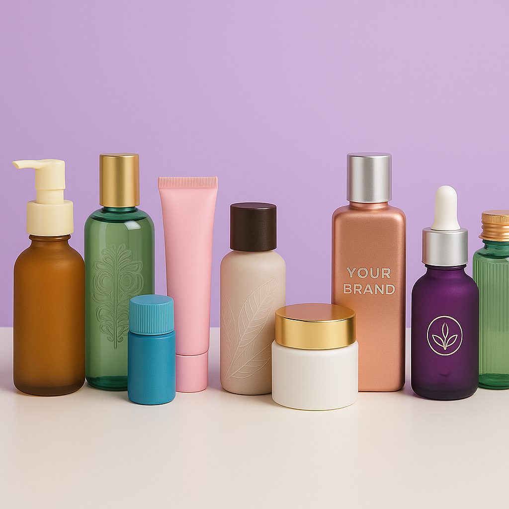 Envases cosméticos personalizados sobre fondo lila Bull Estética, incluyendo frascos, cuentagotas, tubos, tarros y botellas en vidrio, aluminio y PET reciclado con acabados mate y metalizados.