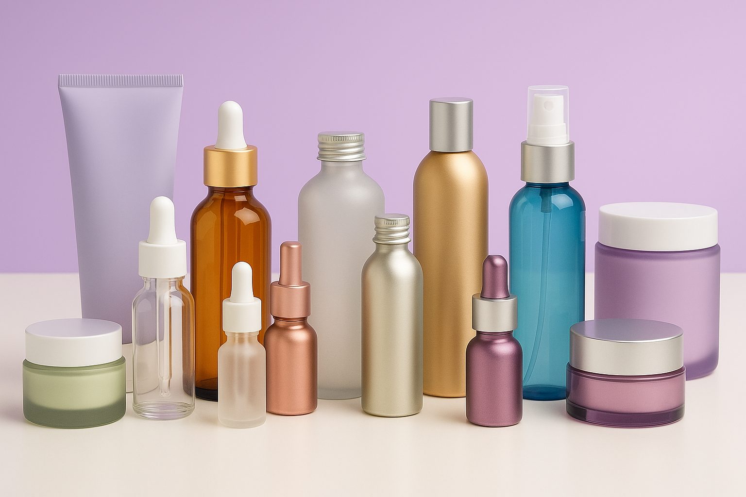 Colección de envases cosméticos personalizados sobre fondo lila, con frascos, tarros, tubos y cuentagotas en vidrio, aluminio y PET reciclado