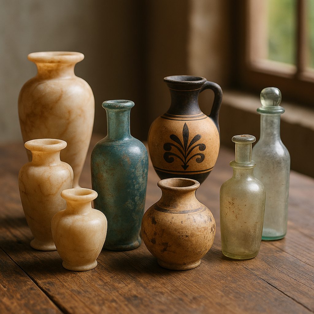 Composición de envases cosméticos antiguos y modernos, con frascos de alabastro, vidrio y cerámica junto a envases sostenibles de vidrio reciclado y aluminio.