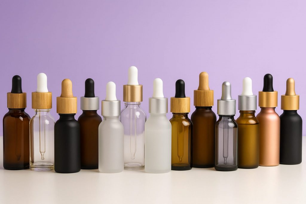 Colección de envases cuentagotas cosméticos de 30 ml en vidrio ámbar, transparente, negro y esmerilado con tapones de bambú dorado y plateado sobre fondo lila corporativo Bull Estética, estilo premium y sostenible.