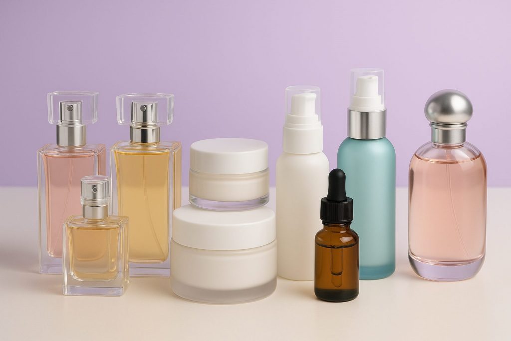 Colección realista de envases cosméticos: frascos de perfume, tarros de crema, cuentagotas y botellas airless sobre fondo lila, reflejando diseño premium y sostenibilidad.