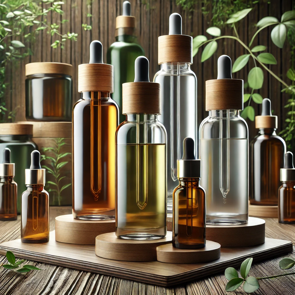 Display moderno y sostenible de envases cosméticos con cuentagotas de vidrio en colores ámbar, transparente y mate, con tapas ecológicas de bambú y metal, en un entorno elegante con madera y elementos naturales.