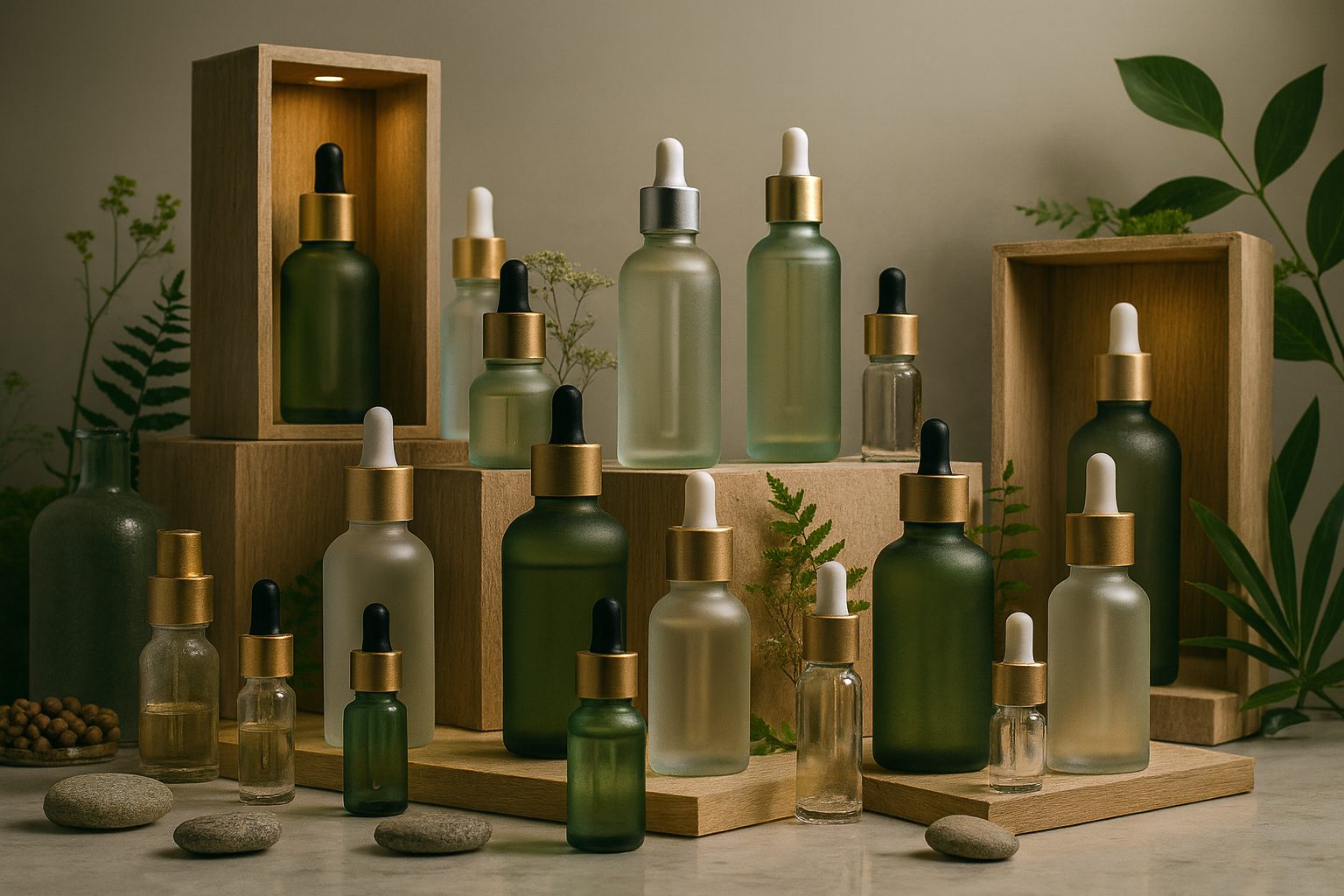 Envases cuentagotas sostenibles y premium en colores verde y mate, con tapas de madera y metal sobre fondo minimalista.