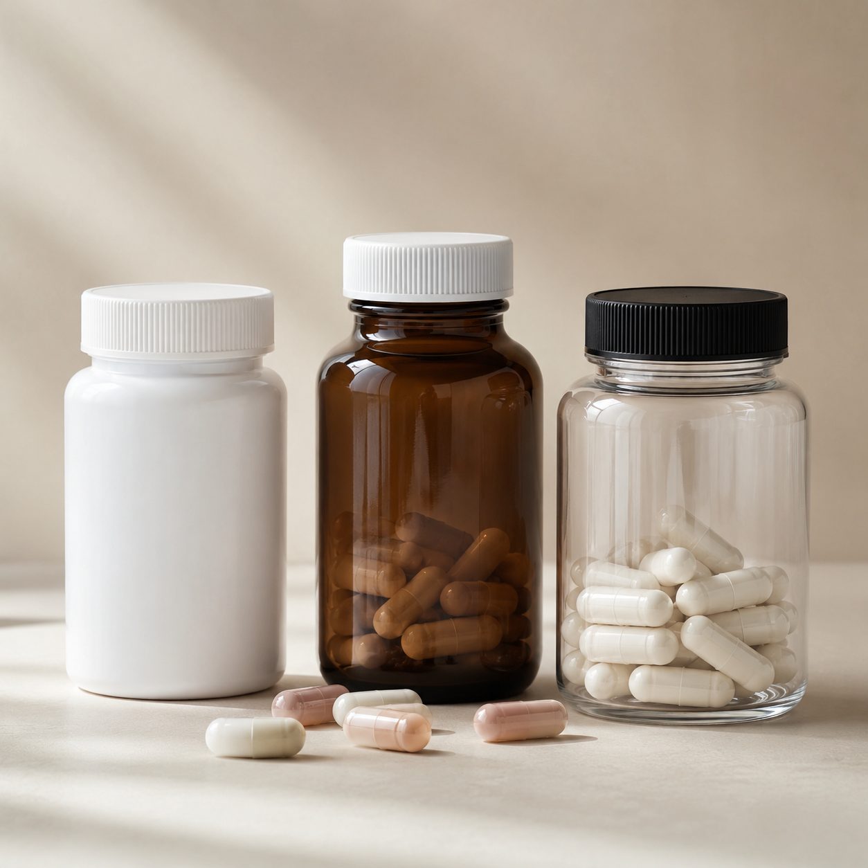 Envases transparentes para cápsulas de nutricosmética sobre fondo minimalista