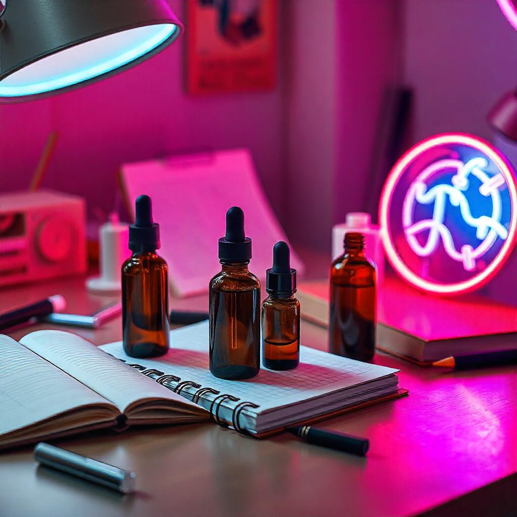 Tres frascos de vidrio ámbar con goteros colocados sobre un cuaderno abierto en un escritorio con iluminación de neón y accesorios de escritorio modernos, creando una atmósfera vibrante y contemporánea.