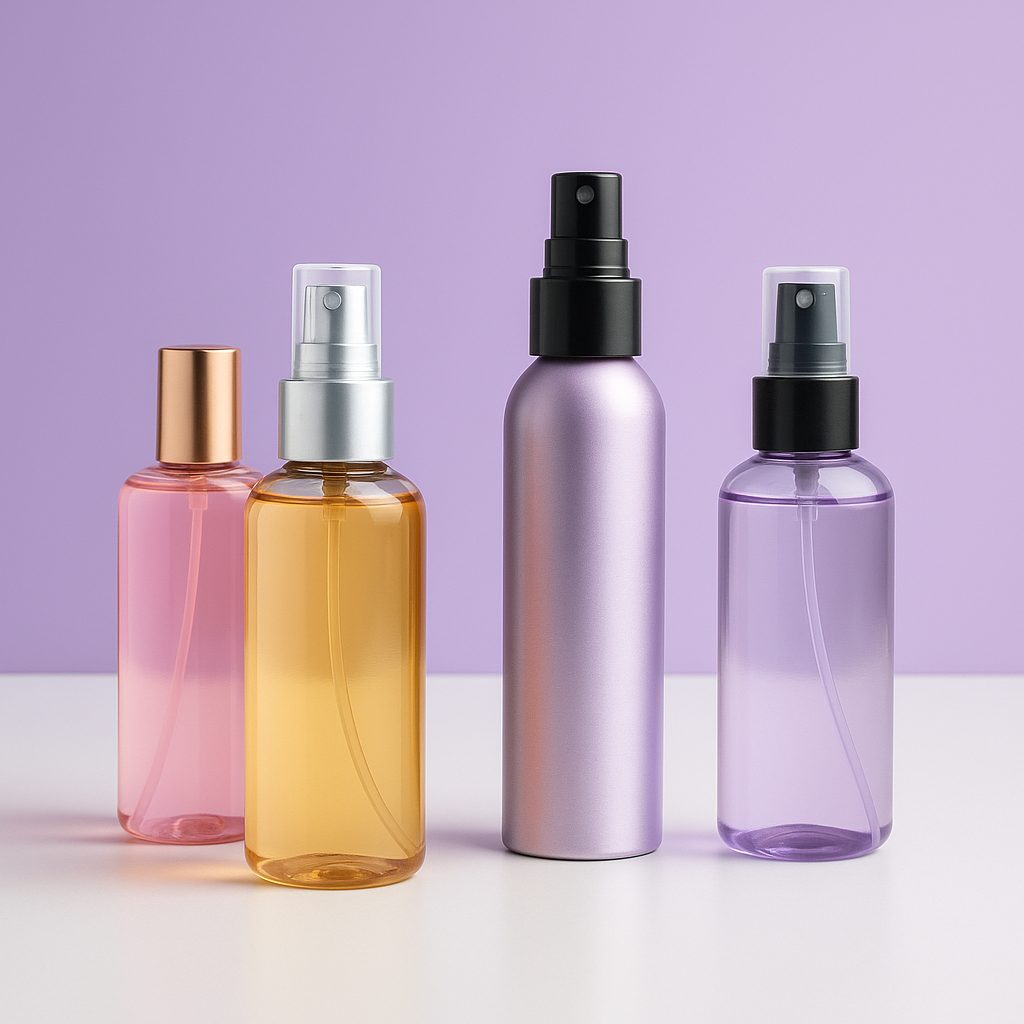 Envases para body mist sin etiquetas en vidrio PET y aluminio sobre fondo pastel corporativo, estilo premium y minimalista pensados para brumas corporales