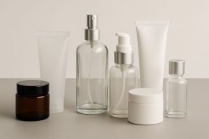 Variedad de envases cosméticos en vidrio y plástico, incluyendo frascos, tarros, tubos y dispensadores, ideales para importación y personalización de packaging cosmético.