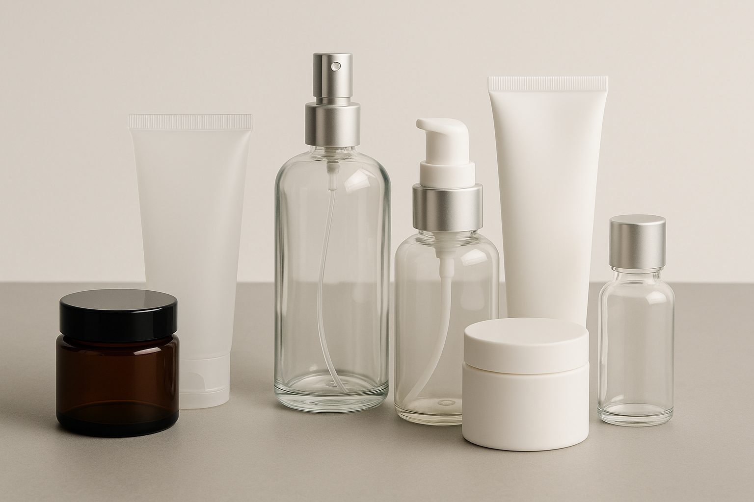 Variedad de envases cosméticos en vidrio y plástico, incluyendo frascos, tarros, tubos y dispensadores, ideales para importación y personalización de packaging cosmético.
