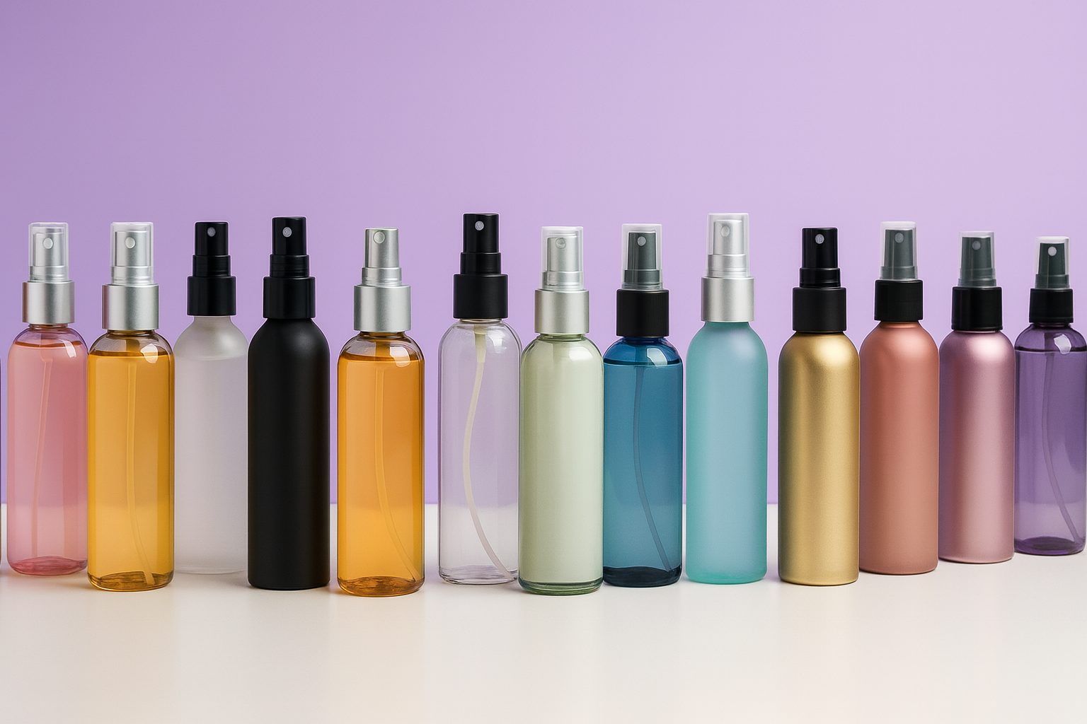 Variedad de envases cosméticos tipo body mist sin etiquetas en vidrio, PET y aluminio sobre fondo corporativo Bull Estética en tonos lila y blanco, estética premium y profesional.