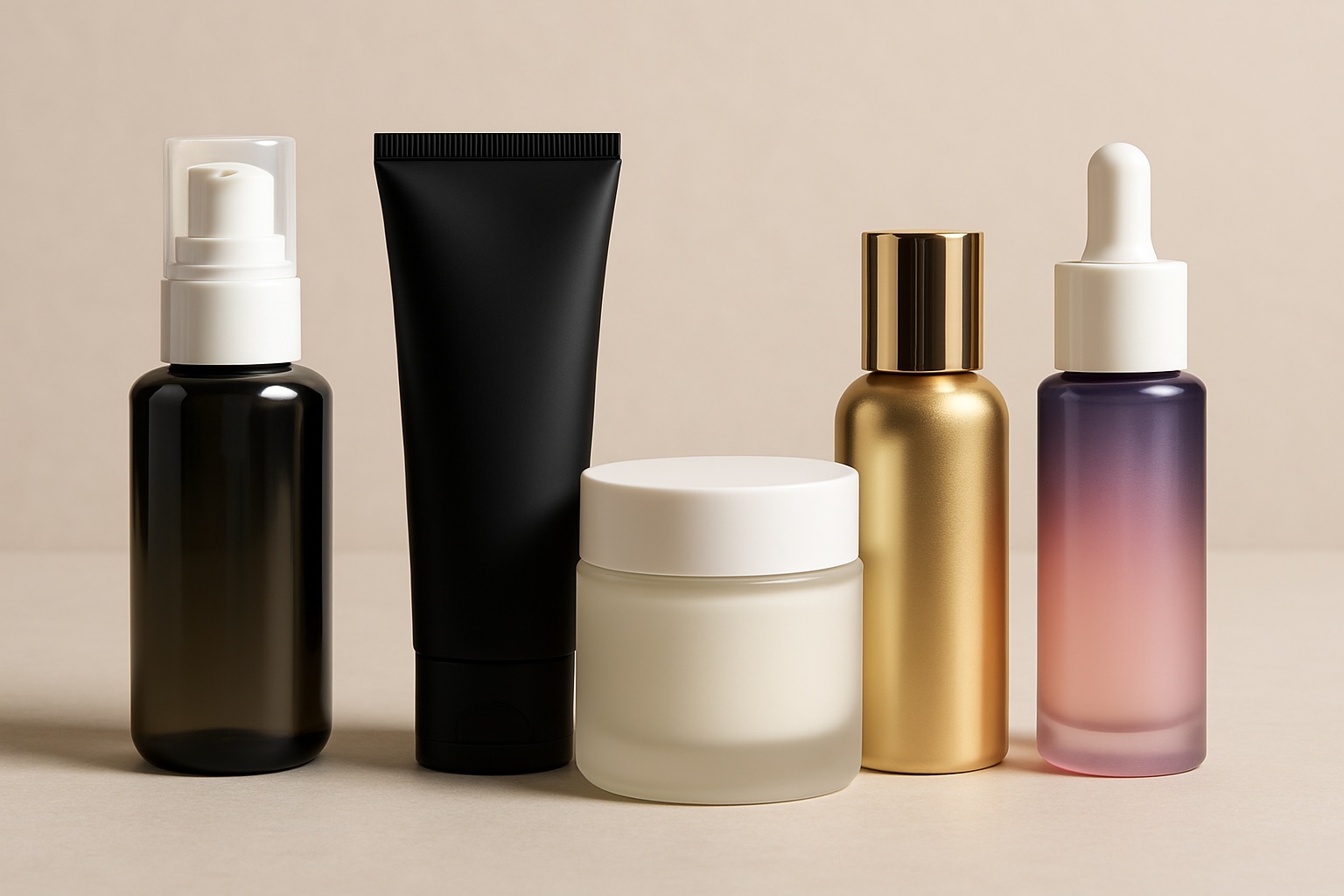 Envases cosméticos con acabados mate, brillante, frosted, metalizado y degradado en composición estética.