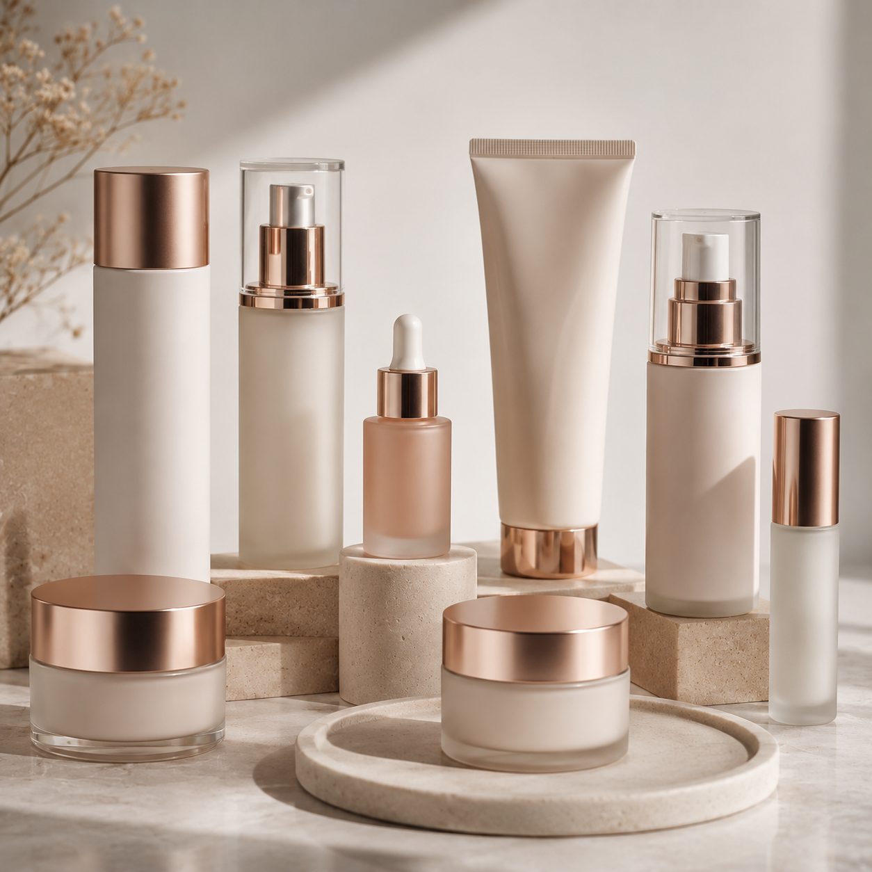 Envases cosméticos premium con acabados mate y oro rosa, ejemplo de tendencias de packaging cosmético para marcas de belleza