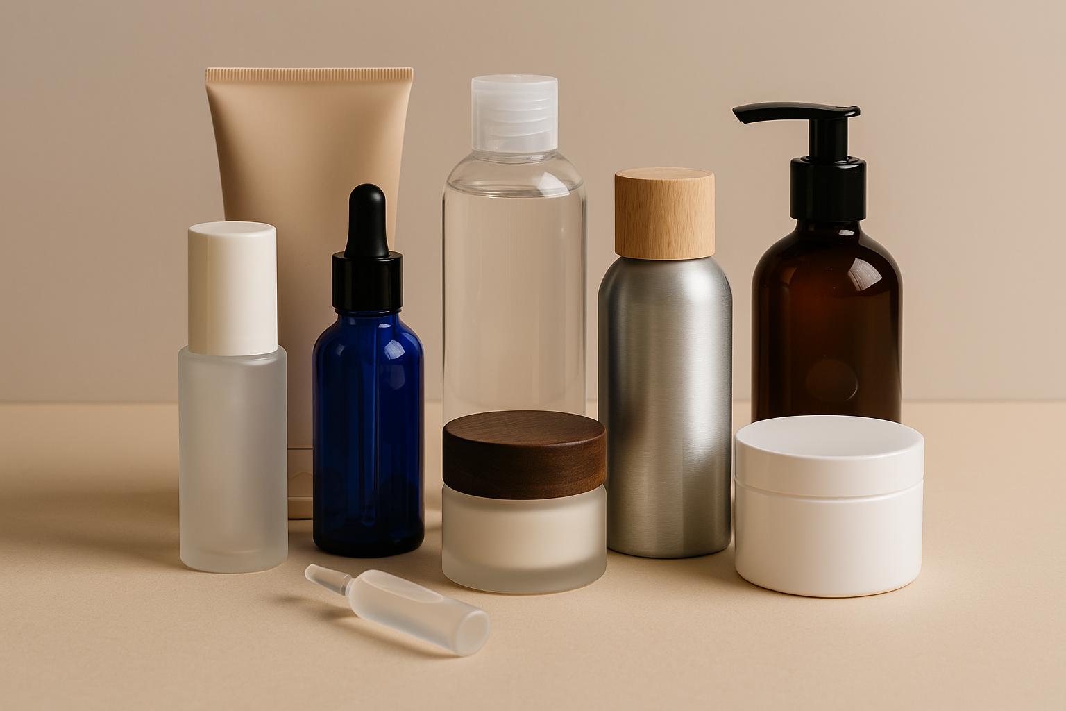 Envases cosméticos variados sobre fondo neutro usados como herramienta de marketing y posicionamiento de marca.