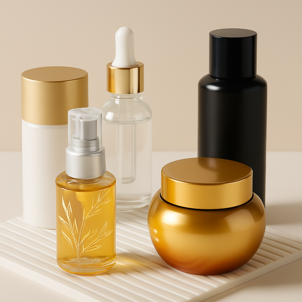 Envases cosméticos personalizados sobre fondo neutro, con acabados variados para destacar en el lineal de belleza.