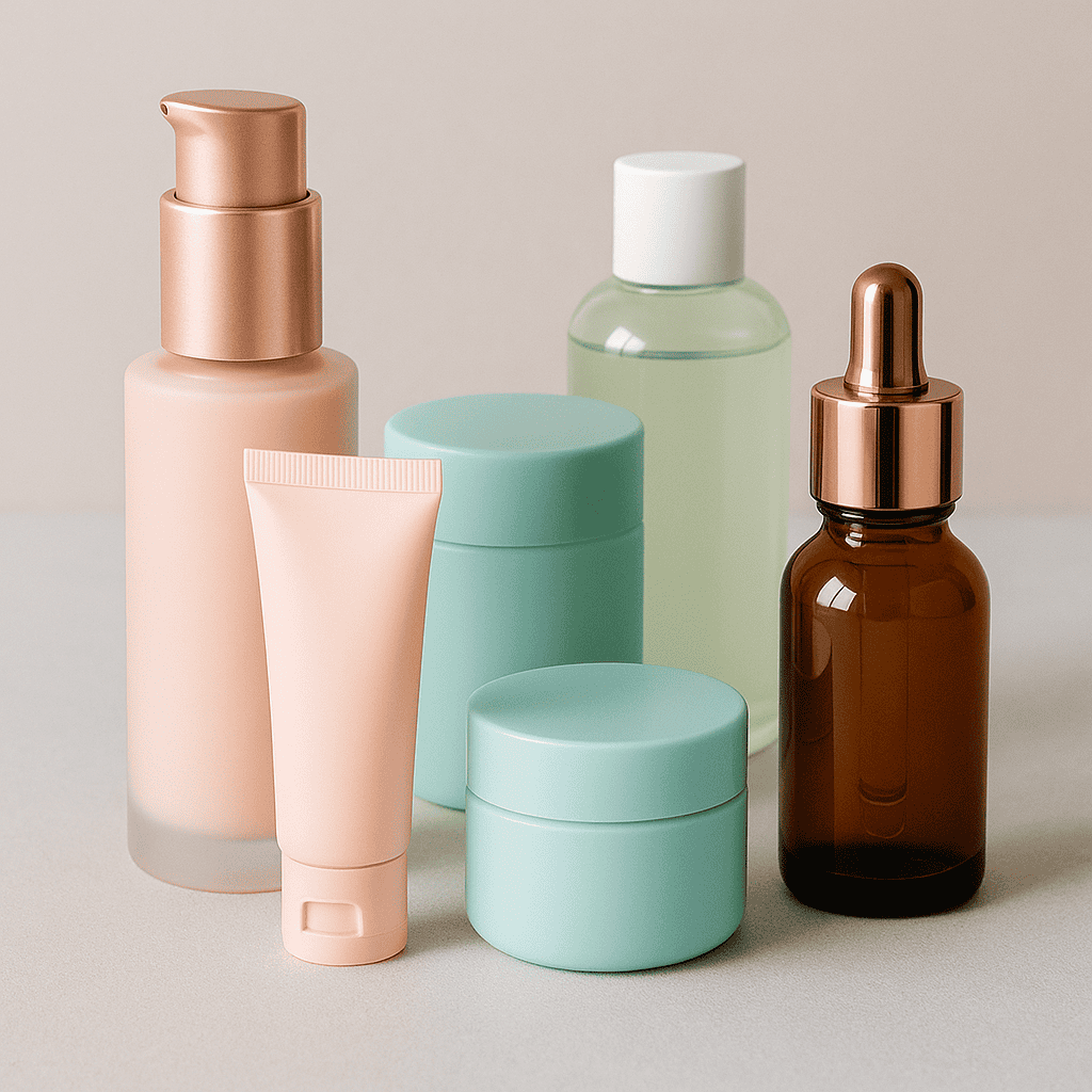 Envases cosméticos en tonos pastel organizados sobre fondo beige, incluyendo frascos, tubos y tarros para productos de marca blanca.