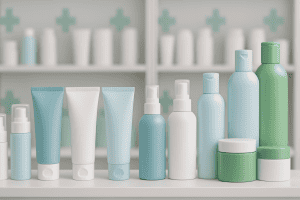 Envases cosméticos adaptados al canal farmacia, alineados en un estante.