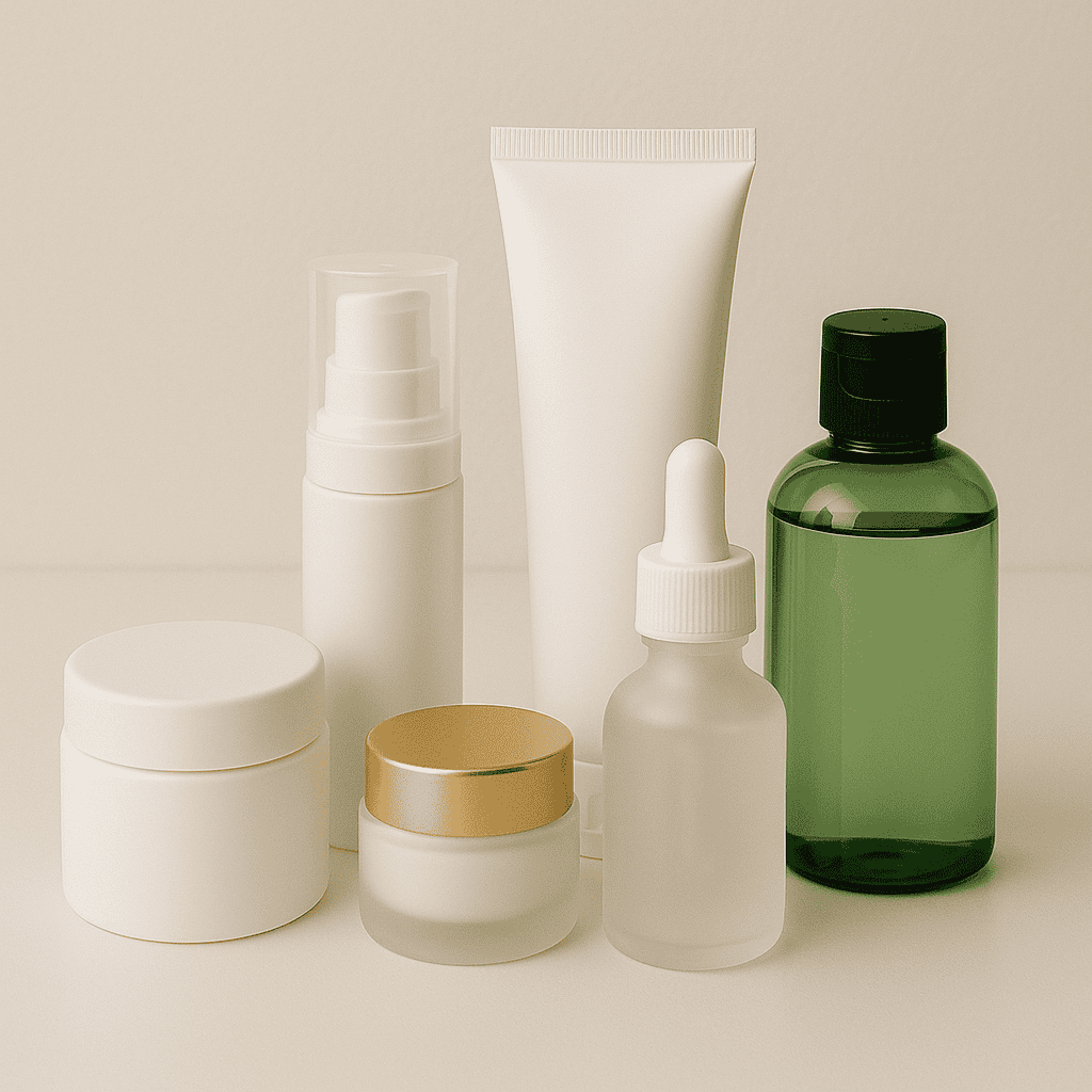 Variedad de envases cosméticos importados: tarros, tubos, airless y frascos cuentagotas.
