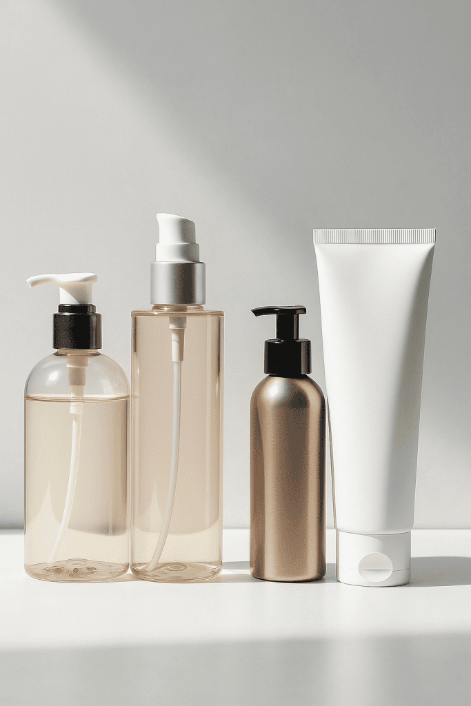 Comparativa visual de envases cosméticos de PET, vidrio, aluminio y PP sobre fondo neutro y con luz natural suave.