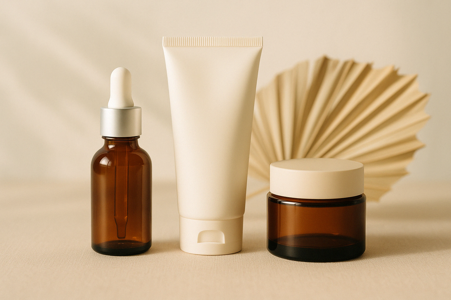 Envases cosméticos tipo cuentagotas, tubo y tarro ámbar sobre fondo neutro, en escena aesthetic para productos de cuidado facial premium.